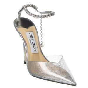 Jimmy Choo Saeda 100 Glitter Plexi Rhinestone Ankle Strap Pumps Silver 37.5/ 7.5